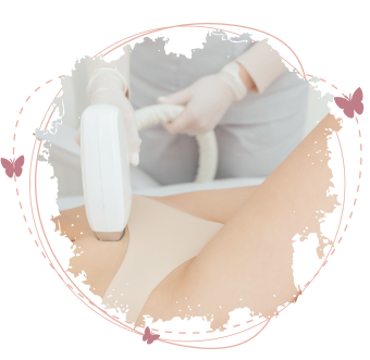 Bikini laser hair removal showing a person receiving laser treatment on bikini area with gloved hands holding the device